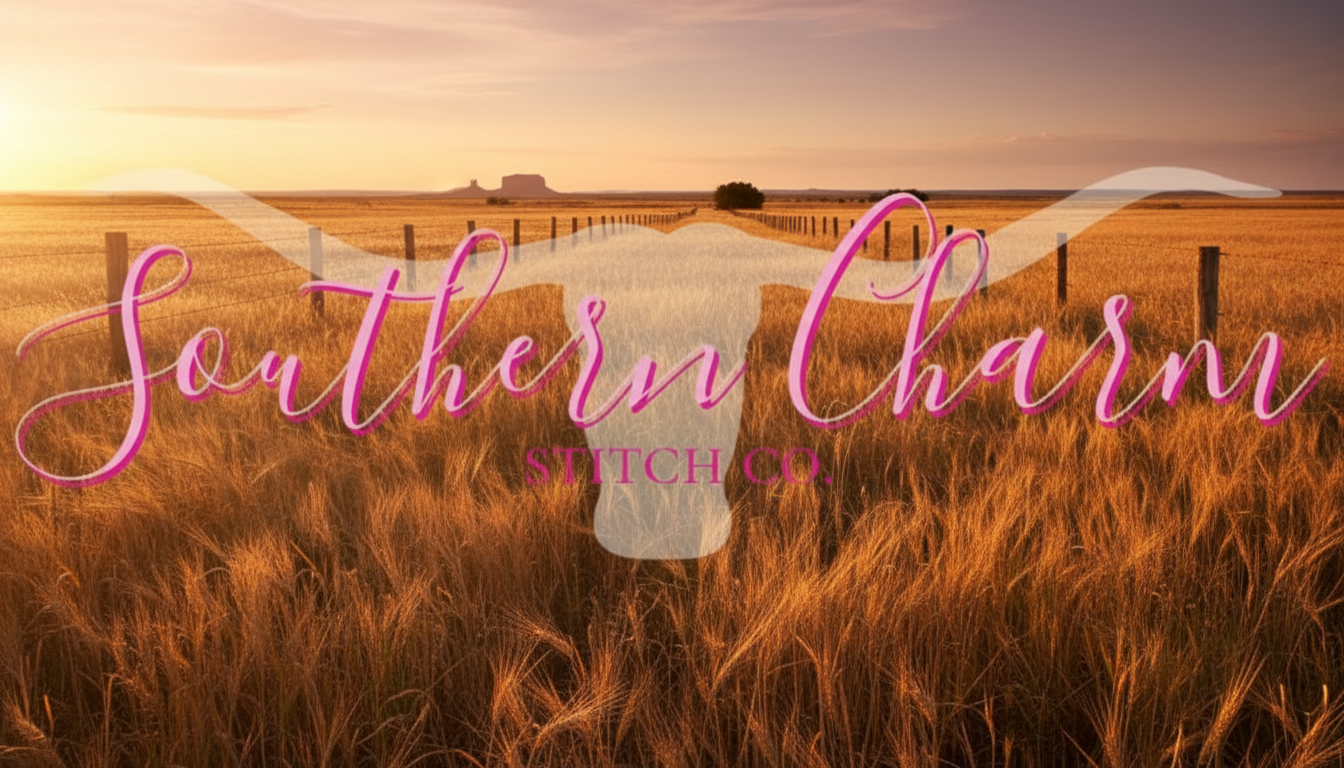 Logo of Southern Charm Stitch Co. with longhorn design on a beige background